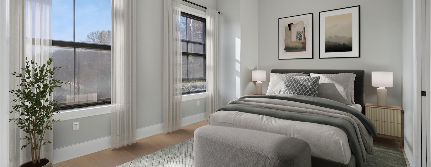 a bathroom with a bed and two nightstands